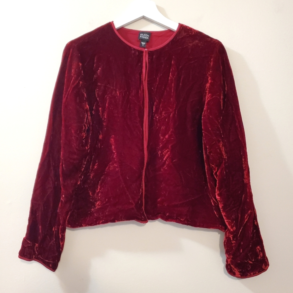 Eileen Fisher - Burgundy Velvet Red Jacket with Silk Lining - Size S